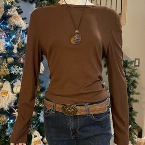 Brown Ribbed Long Sleeve Top
